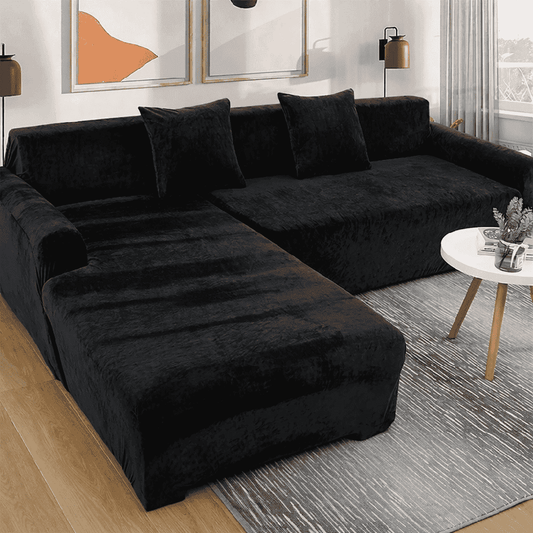 L-Shape Velvet Sofa Cover - Black