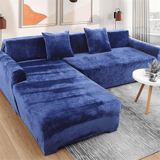L-Shape Velvet Sofa Cover - Blue