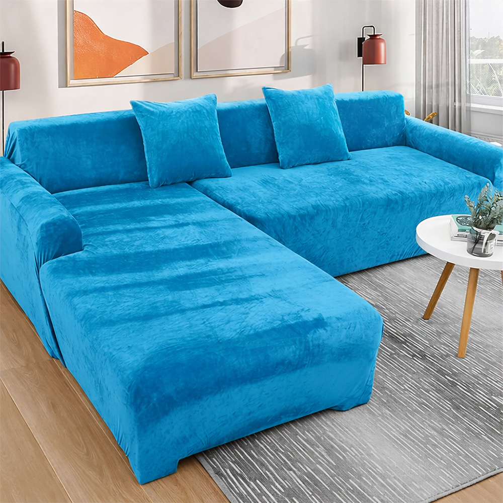L-Shape Velvet Sofa Cover - Cyan