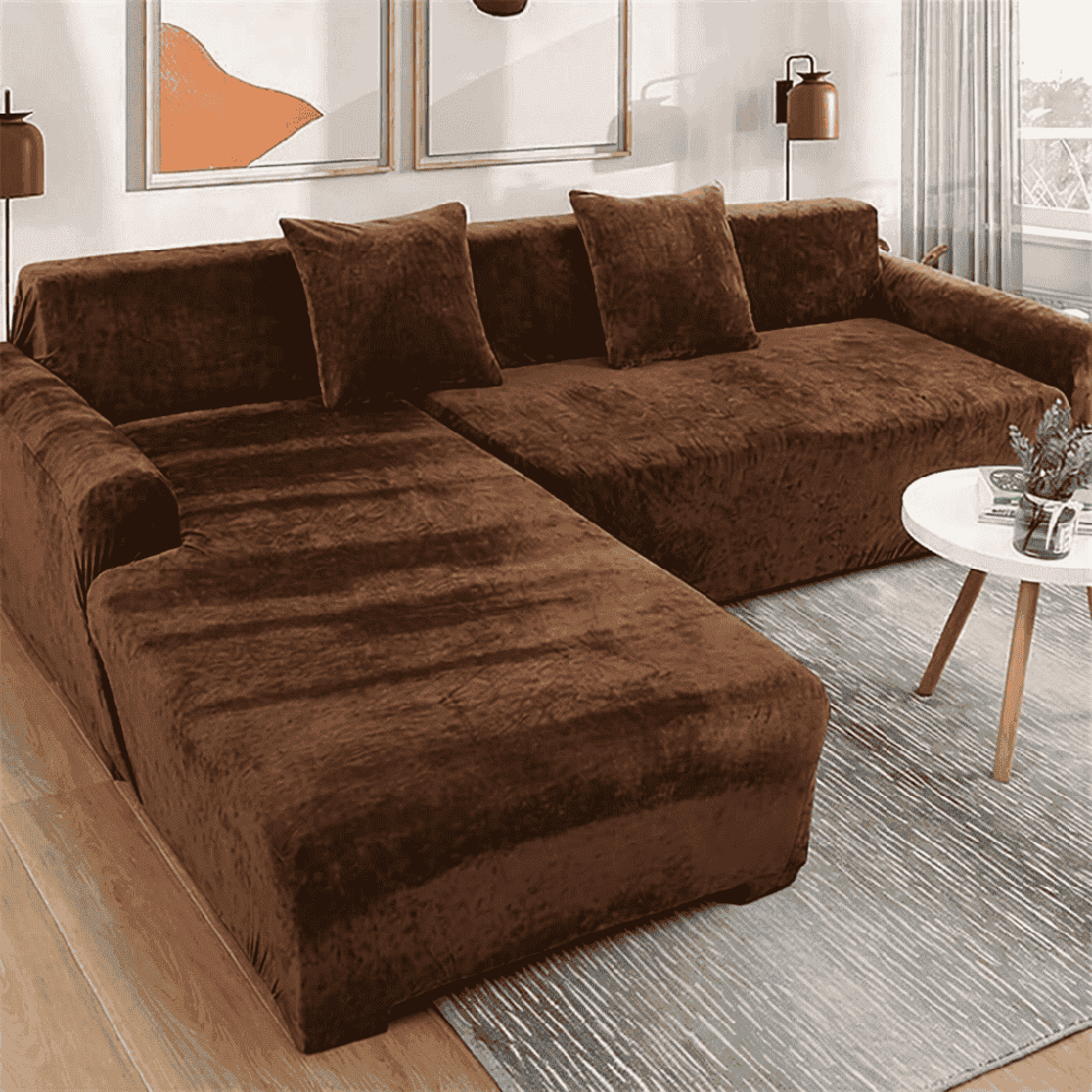 L-Shape Velvet Sofa Cover - Dark Brown