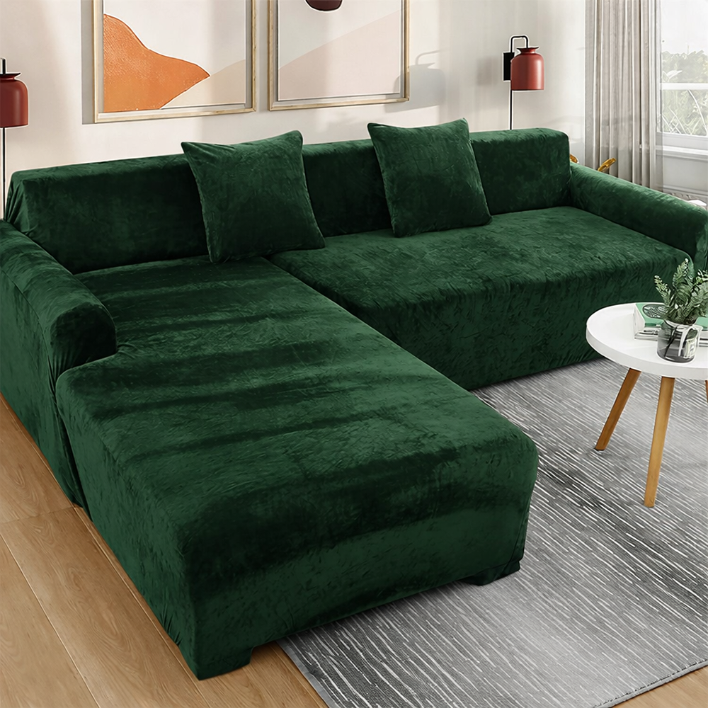 L-Shape Velvet Sofa Cover - Dark Green