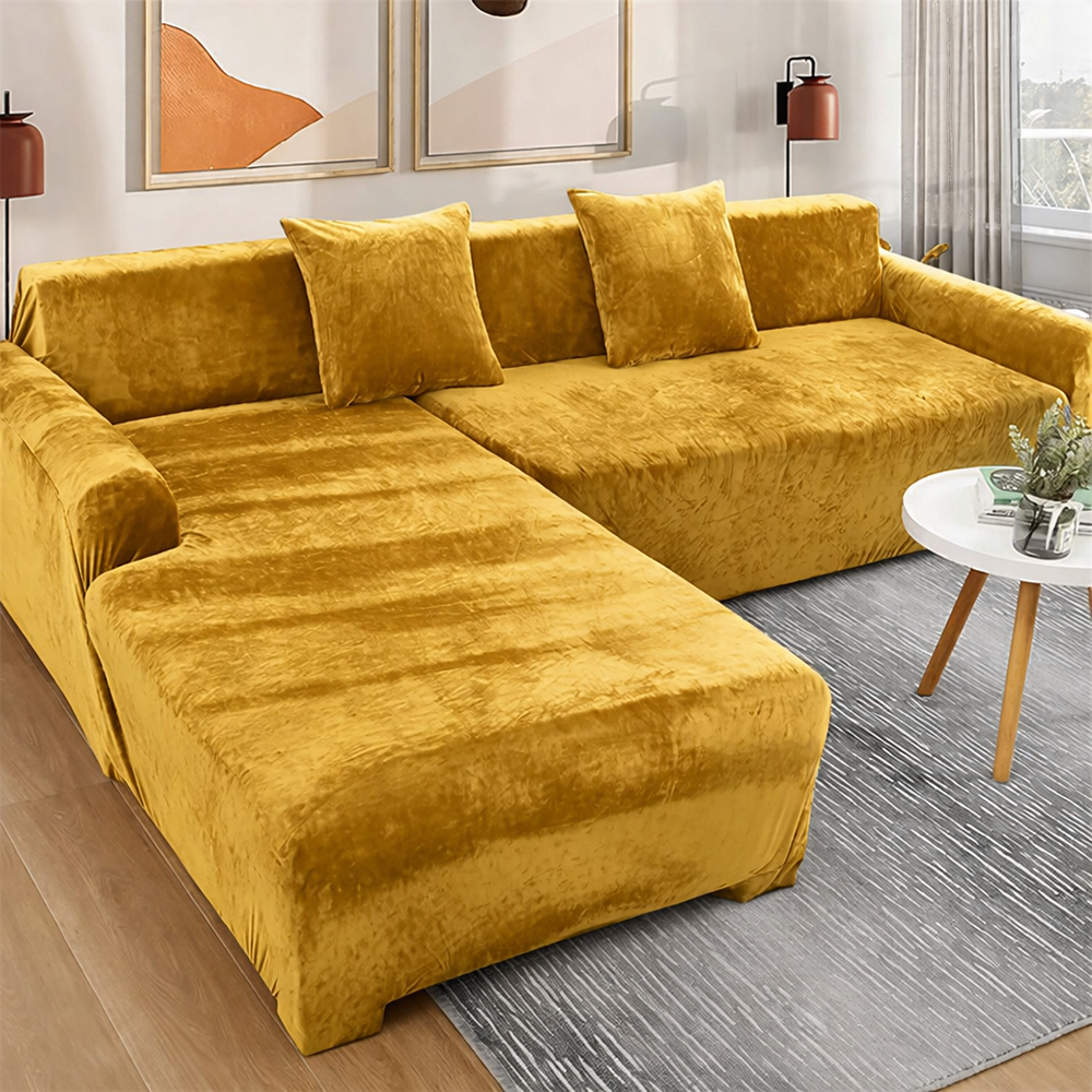 L-Shape Velvet Sofa Cover - Golden