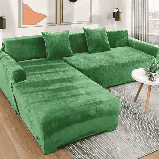 L-Shape Velvet Sofa Cover - Green