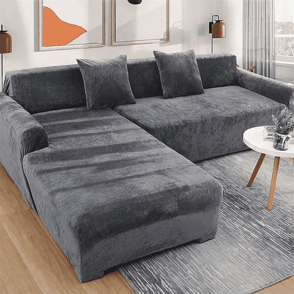 L-Shape Velvet Sofa Cover - Grey