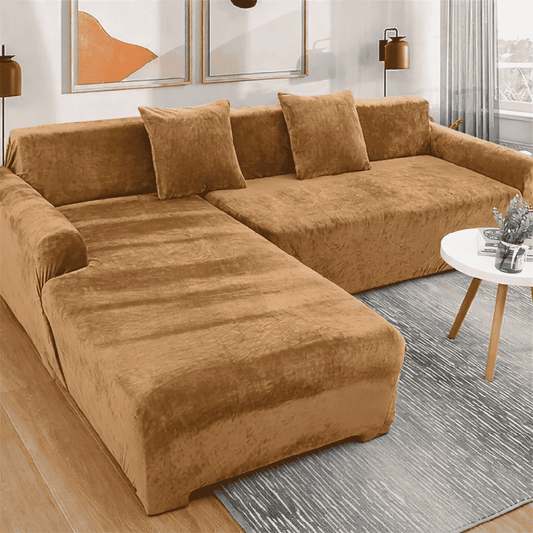 L-Shape Velvet Sofa Cover - Light Brown