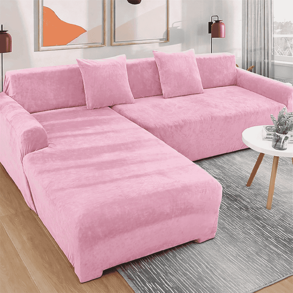L-Shape Velvet Sofa Cover - Light Pink