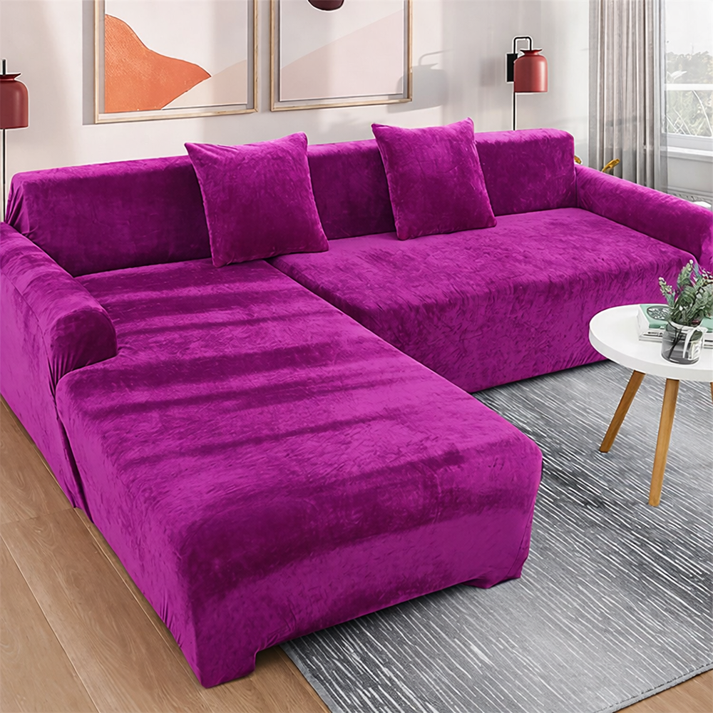 L-Shape Velvet Sofa Cover - Magenta