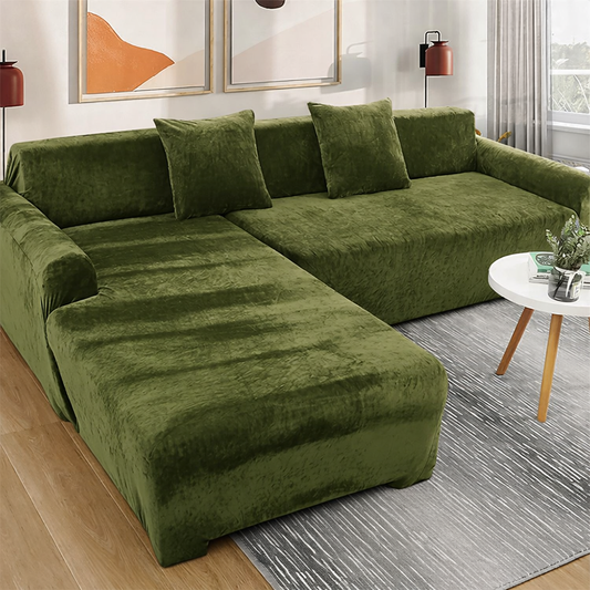 L-Shape Velvet Sofa Cover - Olive Green