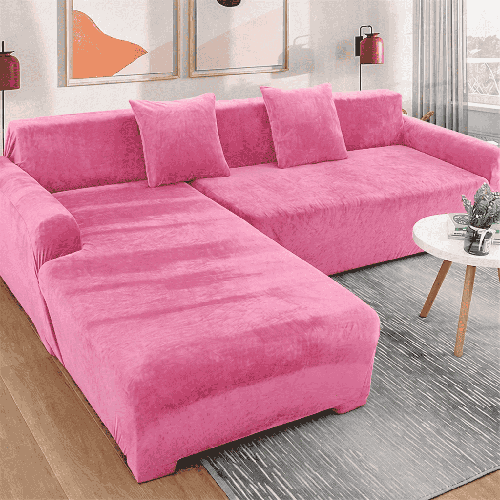 L-Shape Velvet Sofa Cover - Pink