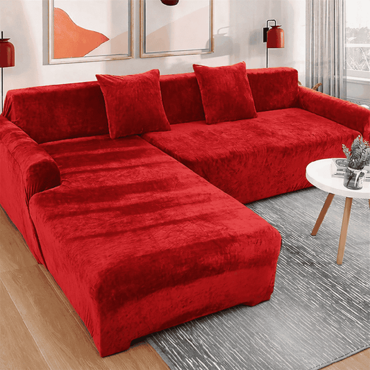 L-Shape Velvet Sofa Cover - Red