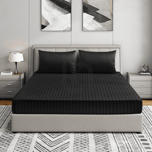 Cotton Sateen Striped Fitted Shee - Black