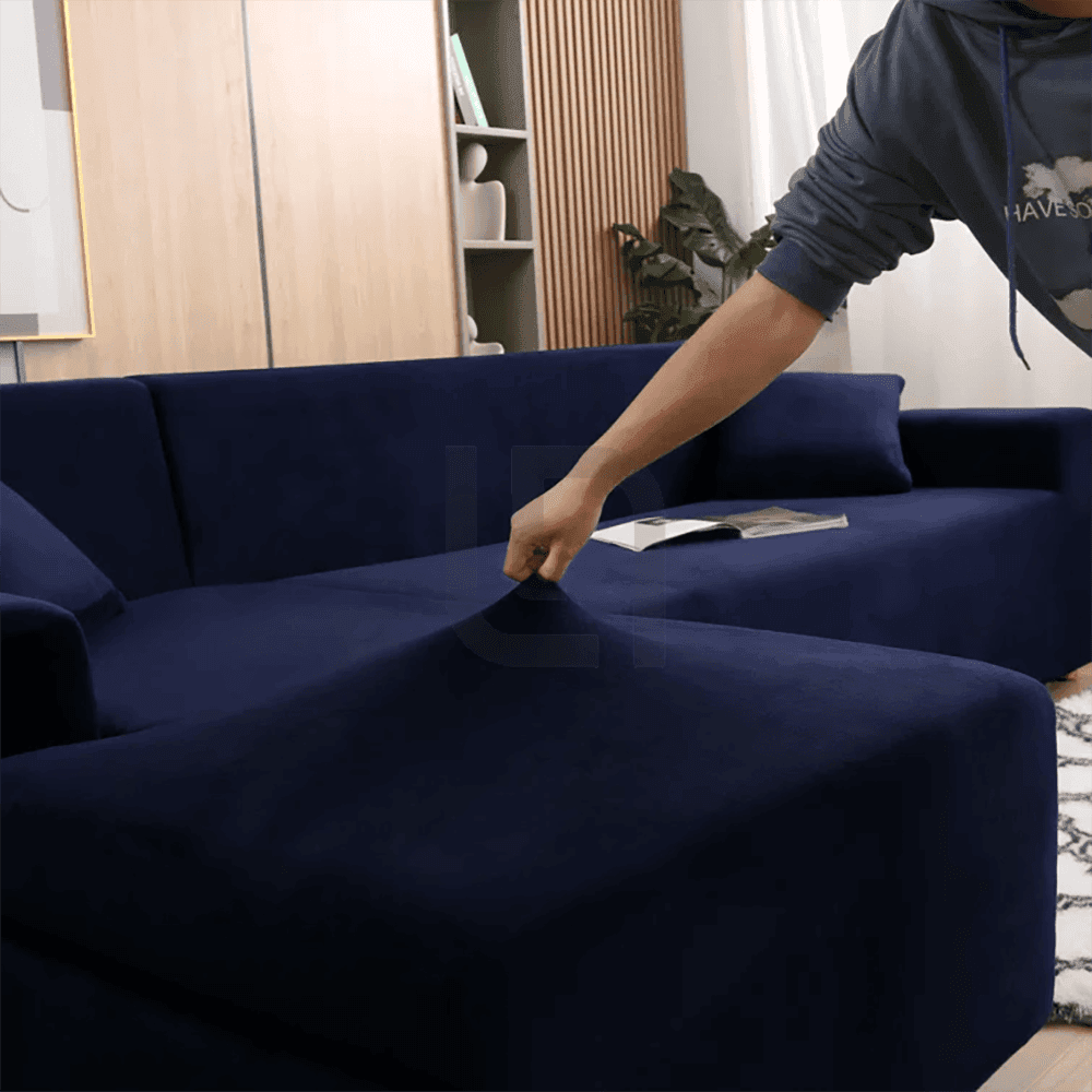 L-Shape Jersey Sofa Cover Dark Blue 4