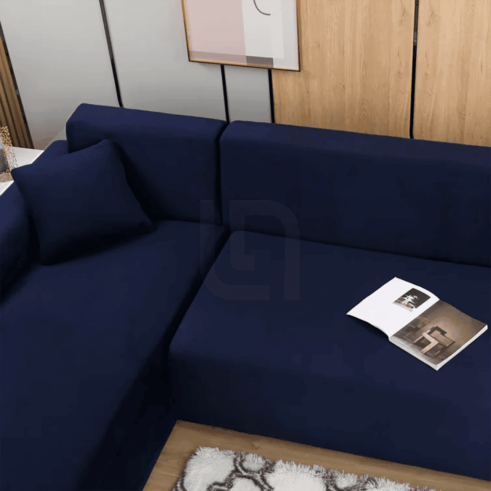 L-Shape Jersey Sofa Cover Dark Blue 3