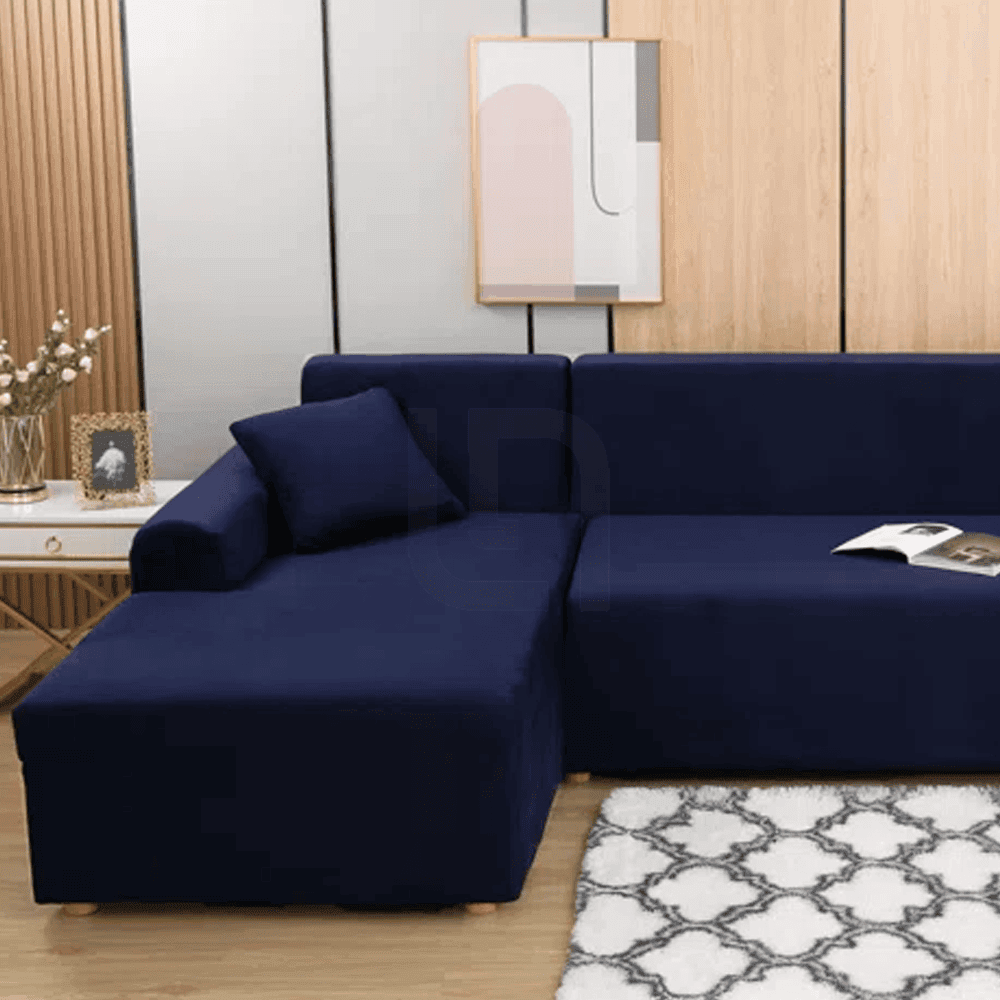L-Shape Jersey Sofa Cover Dark Blue 2