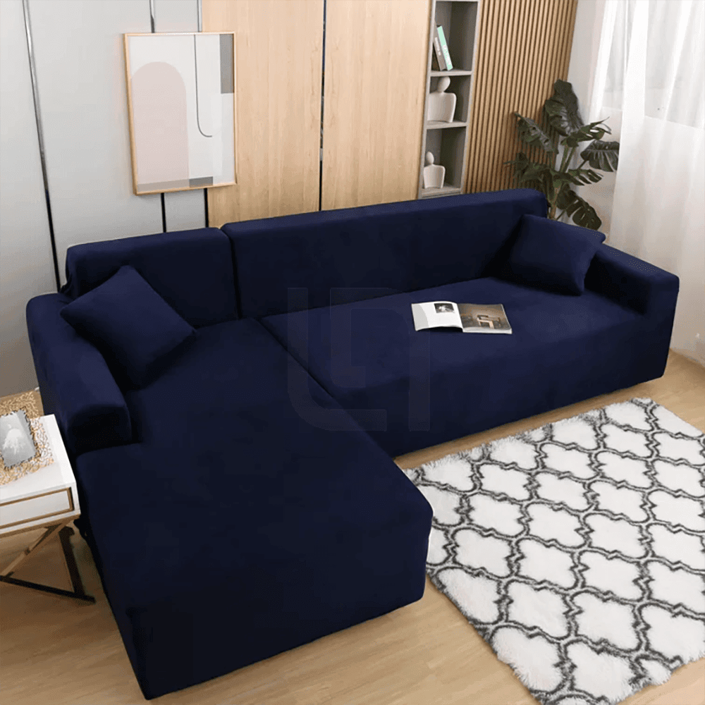 L-Shape Jersey Sofa Cover Dark Blue
