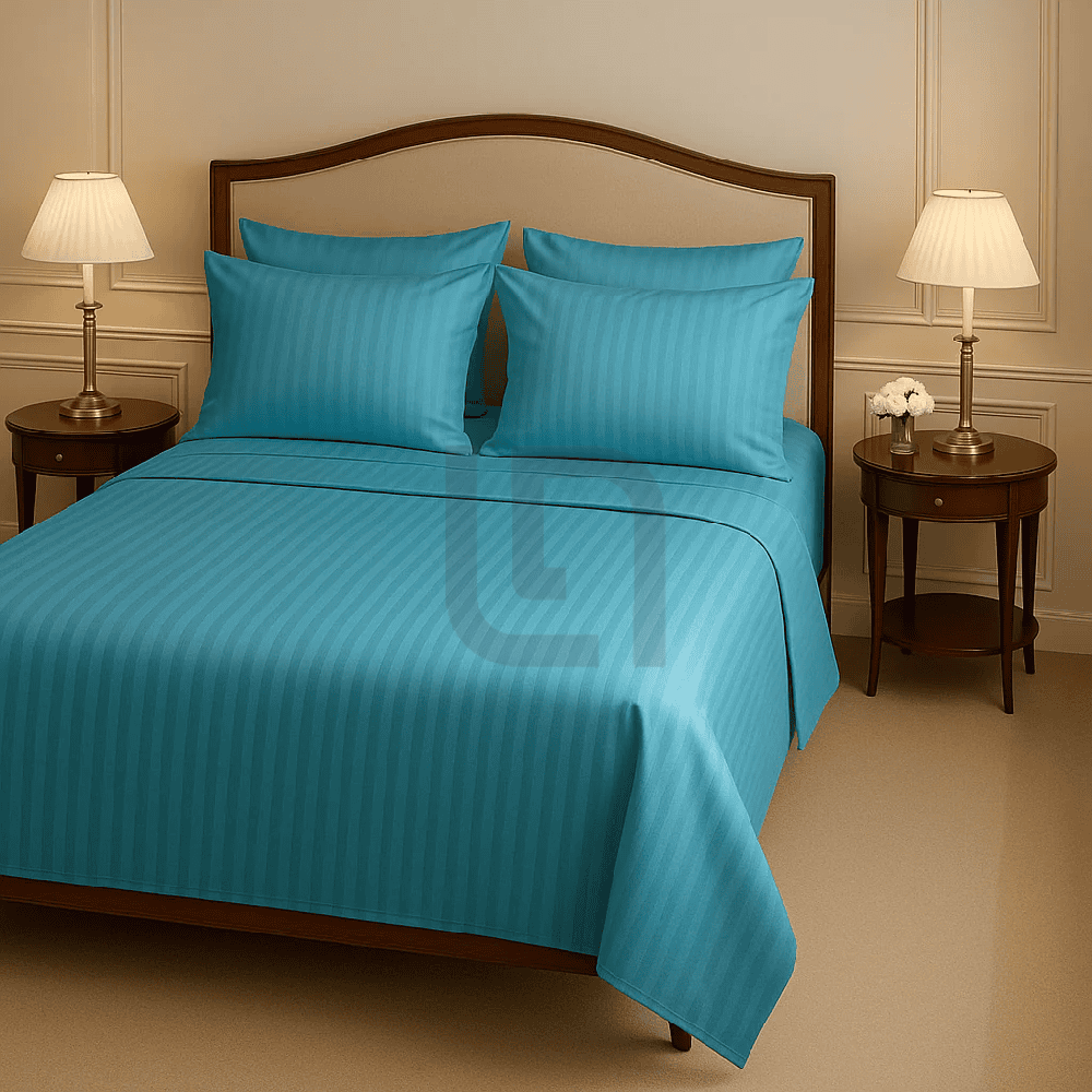 COTTON SATIN NARROW STRIPE BEDSHEET SET - CYAN 1