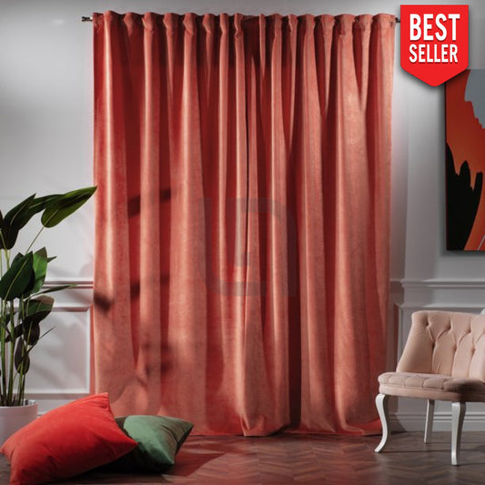 velvet curtains - coral