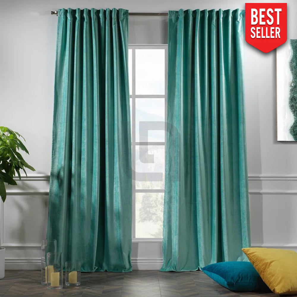 velvet curtains - teal