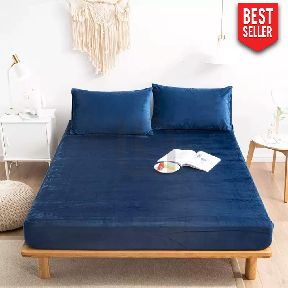 VELVET FITTED BED SHEET – DARK BLUE