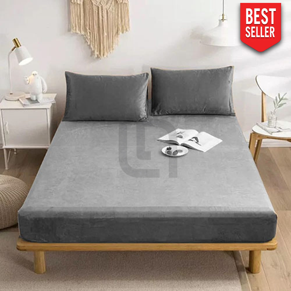 VELVET FITTED BED SHEET – GREY