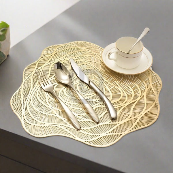 6 Pcs PVC Placemats & Coaster Hollow Out Non Slip Dining Table Mats - Golden