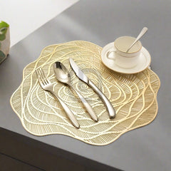 6 Pcs PVC Placemats & Coaster Hollow Out Non Slip Dining Table Mats - Golden