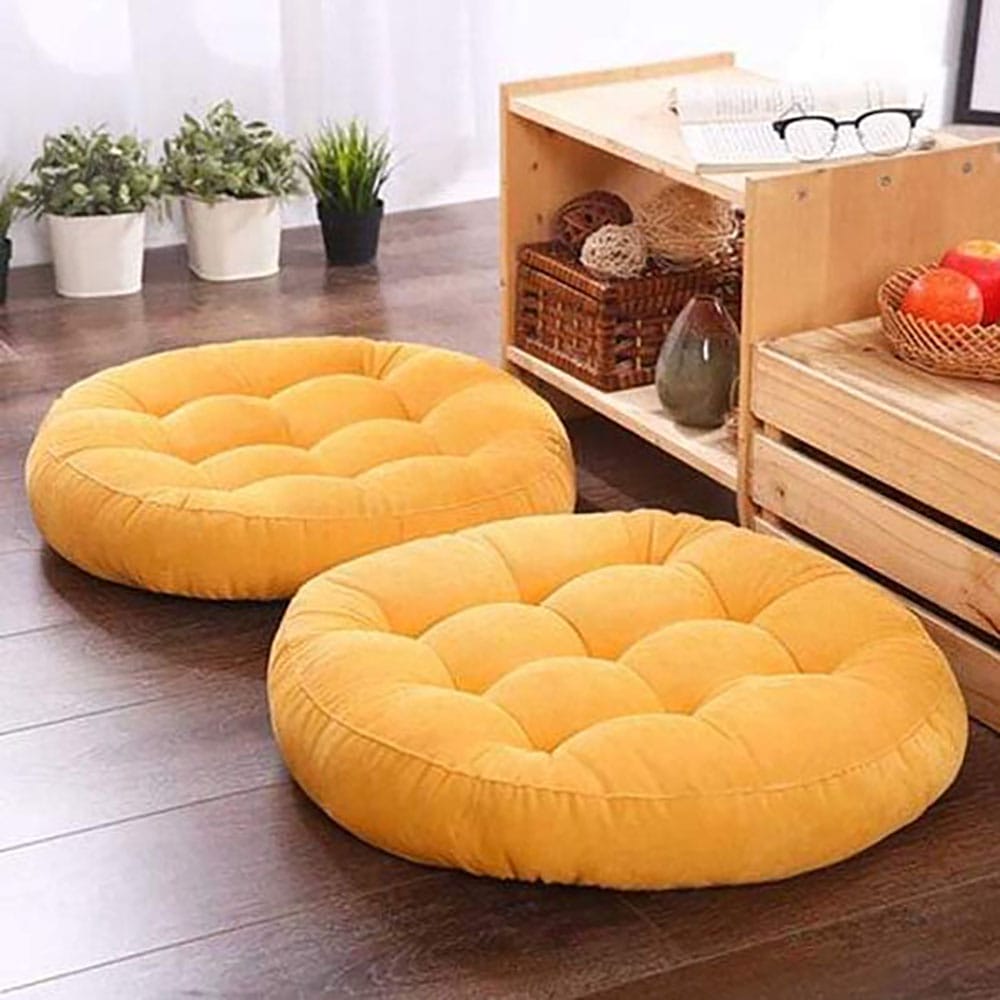 Round Shape Velvet Floor Cushions – Yellow