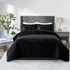 Velvet Quilted Bedspread - Black