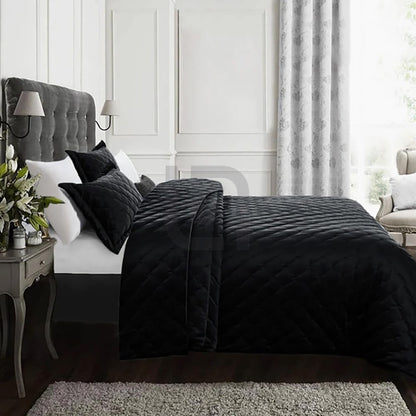 Velvet Quilted Bedspread - Black 2