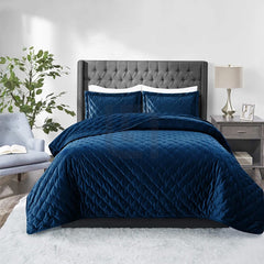 Velvet Quilted Bedspread - Blue
