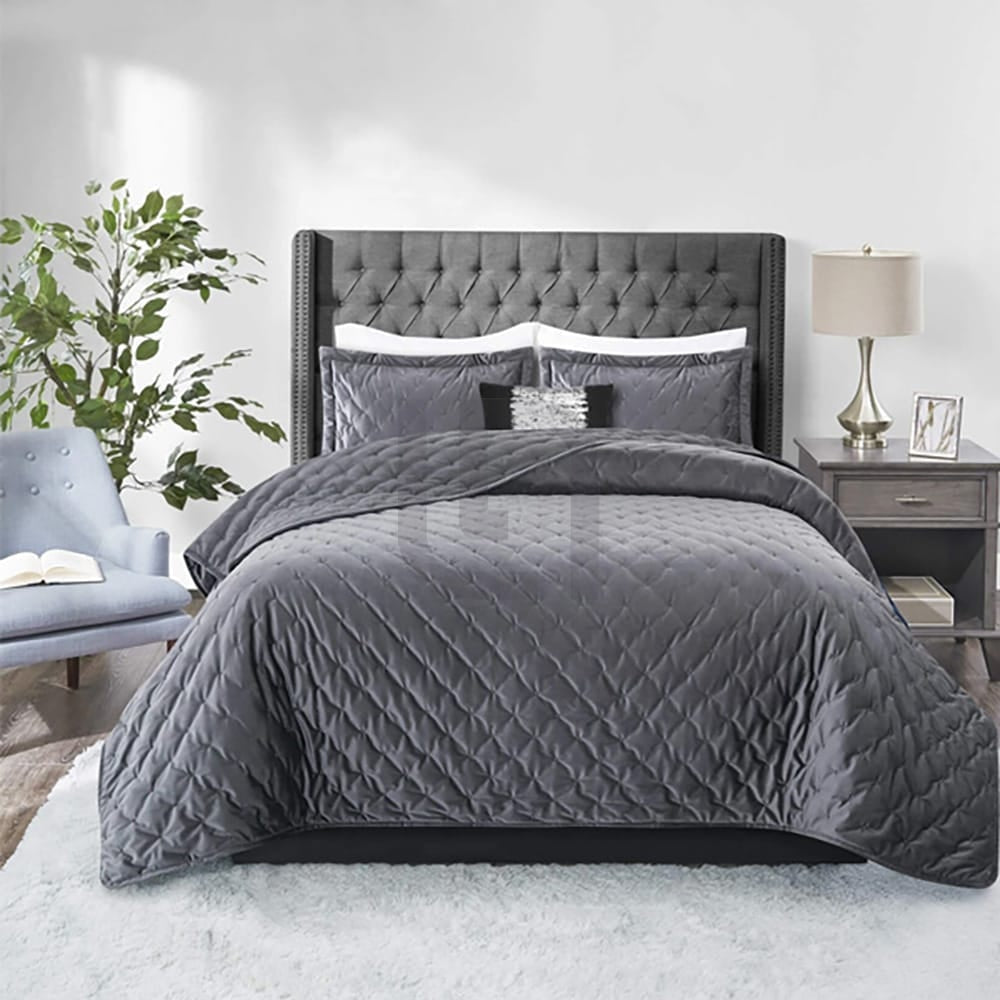 Velvet Quilted Bedspread - Grey