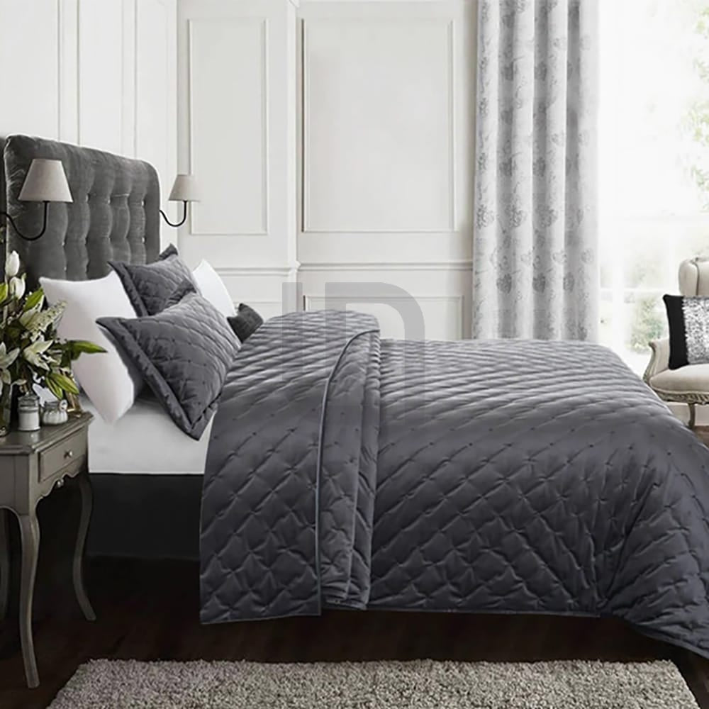 Velvet Quilted Bedspread - Grey 2